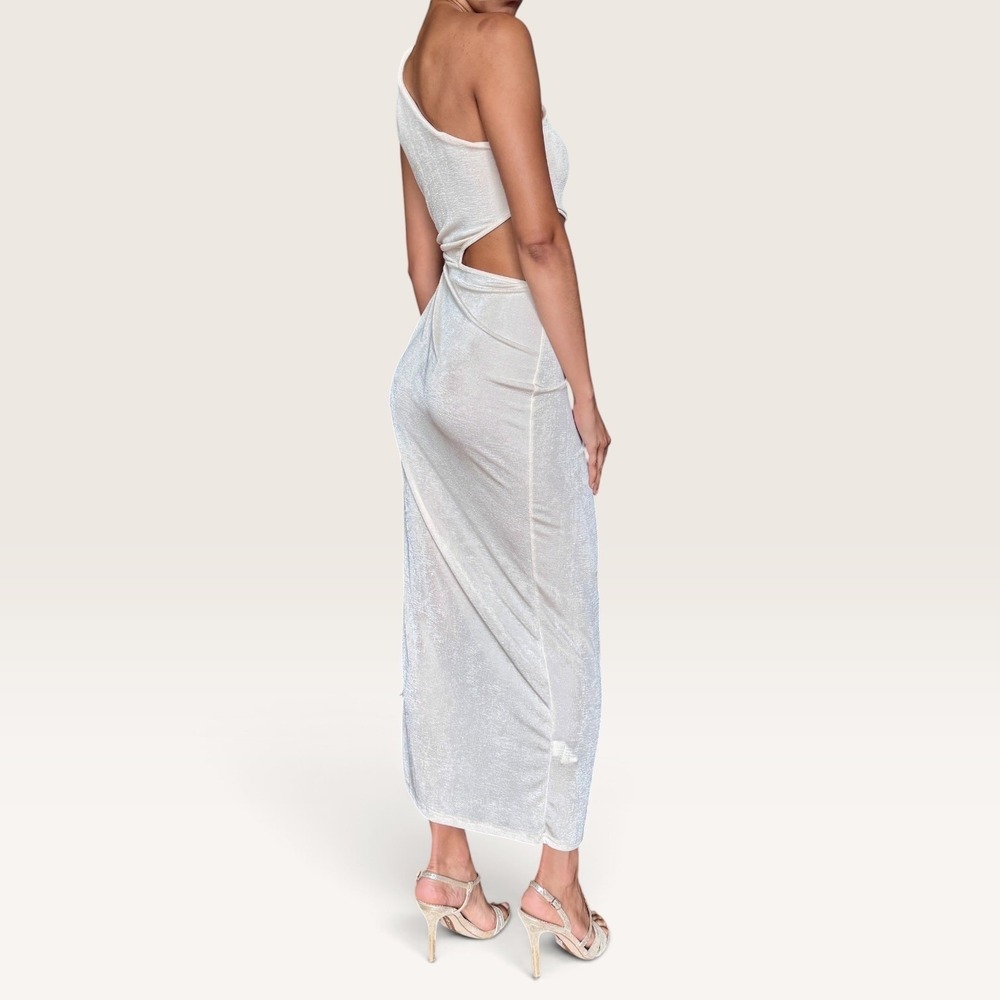 One Shoulder High Slit Off-White Midi Dress Small Party Night Out Resortwear EUC - Picture 5 of 7